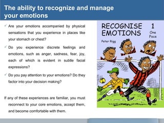 The ability to recognize and manage
your emotions
 Are your emotions accompanied by physical
sensations that you experience in places like
your stomach or chest?
 Do you experience discrete feelings and
emotions, such as anger, sadness, fear, joy,
each of which is evident in subtle facial
expressions?
 Do you pay attention to your emotions? Do they
factor into your decision making?
If any of these experiences are familiar, you must
reconnect to your core emotions, accept them,
and become comfortable with them.
 