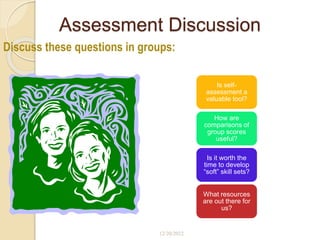 Assessment Discussion
Is self-
assessment a
valuable tool?
How are
comparisons of
group scores
useful?
Is it worth the
time to develop
“soft” skill sets?
What resources
are out there for
us?
12/20/2022
Discuss these questions in groups:
 
