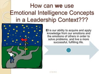 How can we use
Emotional Intelligence Concepts
in a Leadership Context???
EI is our ability to acquire and apply
knowledge from our emotions and
the emotions of others in order to
solve problems, and live a more
successful, fulfilling life.
12/20/2022
 