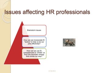 Issues affecting HR professionals
Brainstorm issues
How can we incorporate EI
“tactics” to help us do our
jobs effectively?
How can we use EI
competencies to “shield” us
from the traumatic energy
that comes our way?
12/20/2022
 