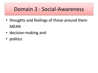 Domain 3 : Social-Awareness
• thoughts and feelings of those around them
MEAN
• decision-making and
• politics
 