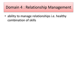 Domain 4 : Relationship Management
• ability to manage relationships i.e. healthy
combination of skills
 