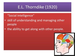 E.L. Thorndike (1920)
“Social Intelligence”
• skill of understanding and managing other
people
• the ability to get along with other people.
 