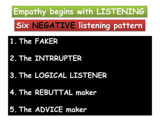 Empathy begins with LISTENING
Six NEGATIVE listening pattern
1. The FAKER
2. The INTRRUPTER
3. The LOGICAL LISTENER
4. The REBUTTAL maker
5. The ADVICE maker
 