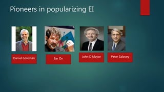 Pioneers in popularizing EI
Daniel Goleman Bar On
John D Mayor Peter Salovey
 