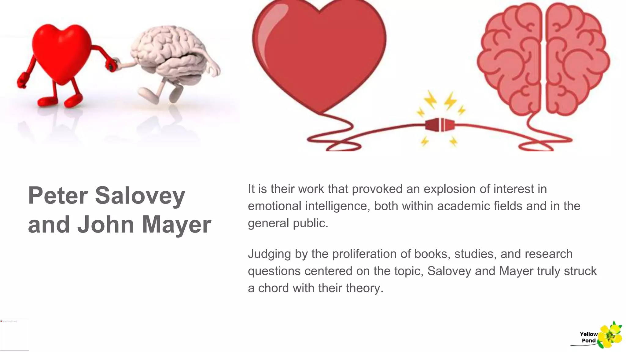 Peter Salovey
and John Mayer
It is their work that provoked an explosion of interest in
emotional intelligence, both within academic fields and in the
general public.
Judging by the proliferation of books, studies, and research
questions centered on the topic, Salovey and Mayer truly struck
a chord with their theory.
Yellow
Pond
 