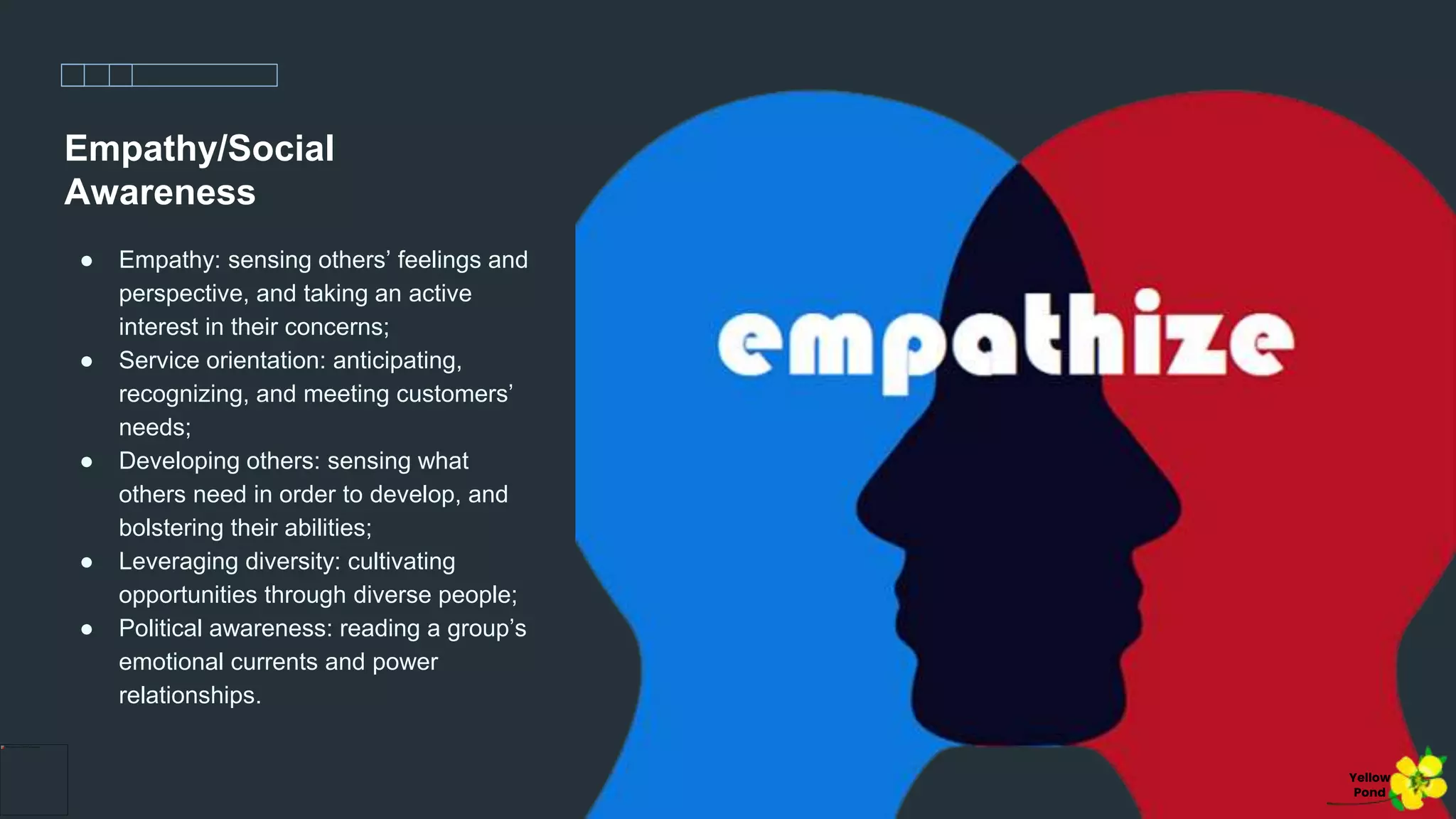 Empathy/Social
Awareness
● Empathy: sensing others’ feelings and
perspective, and taking an active
interest in their concerns;
● Service orientation: anticipating,
recognizing, and meeting customers’
needs;
● Developing others: sensing what
others need in order to develop, and
bolstering their abilities;
● Leveraging diversity: cultivating
opportunities through diverse people;
● Political awareness: reading a group’s
emotional currents and power
relationships.
Yellow
Pond
 