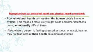 Recognize how our emotional health and physical health are related:
– Poor emotional health can weaken the human body's immune
system. This makes it more likely to get colds and other infections
during emotionally difficult times.
– Also, when a person is feeling stressed, anxious, or upset, he/she
may not take care of their health thus more absentees .
 