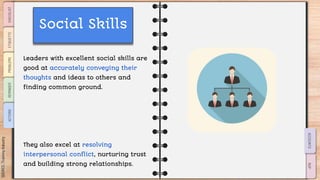 SLIDESMANIA.COM
Leaders with excellent social skills are
good at accurately conveying their
thoughts and ideas to others and
finding common ground.
They also excel at resolving
interpersonal conflict, nurturing trust
and building strong relationships.
Social Skills
 