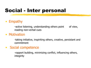 Social - Inter personal Empathy   - active listening, understanding others point  of view,  reading non-verbal cues Motivation -taking initiative, inspiriting others, creative, persistant and  commitment Social competence -rapport building, minimizing conflict, influencing others,  integirity  