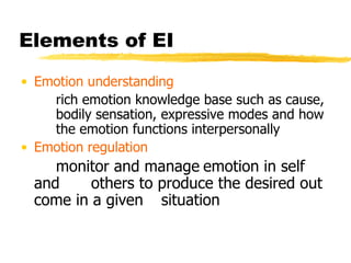 Elements of EI Emotion understanding rich emotion knowledge base such as cause,  bodily sensation, expressive modes and how  the emotion functions interpersonally Emotion regulation monitor and manage   emotion in self and  others to produce the desired out come in a given  situation 