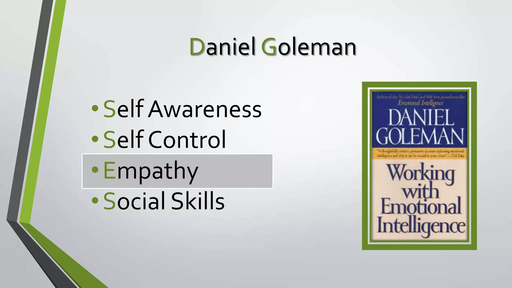 Daniel Goleman
• Self Awareness
• Self Control
• Empathy
• Social Skills

 