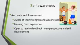 Self awareness

• Accurate self Assessment
• Aware of their strengths and weaknesses
• learning from experience
• Open to receive feedback , new perspective and self
development

 