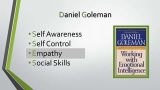 Daniel Goleman
• Self Awareness
• Self Control
• Empathy
• Social Skills

 