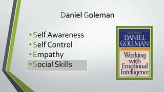 Daniel Goleman
• Self Awareness
• Self Control
• Empathy
• Social Skills

 