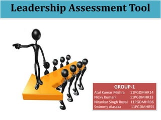 Leadership Assessment Tool
GROUP-1
Atul Kumar Mishra 11PGDMHR14
Nicky Kumari 11PGDMHR33
Nirankar Singh Royal 11PGDMHR36
Swimmy Alasaka 11PGDMHR55
 