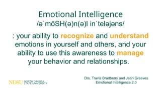 Emotional Intelligence
/ə mōSH(ə)n(ə)l
ˈ in teləjəns/
ˈ
: your ability to recognize and understand
emotions in yourself and others, and your
ability to use this awareness to manage
your behavior and relationships.
Drs. Travis Bradberry and Jean Greaves
Emotional Intelligence 2.0
 