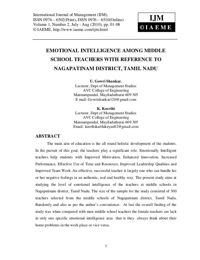 Emotional Intelligence Among Middle School Teachers With Reference To