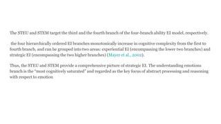 The STEU and STEM target the third and the fourth branch of the four-branch ability EI model, respectively.
the four hierarchically ordered EI branches monotonically increase in cognitive complexity from the first to
fourth branch, and can be grouped into two areas: experiential EI (encompassing the lower two branches) and
strategic EI (encompassing the two higher branches) (Mayer et al., 2002).
Thus, the STEU and STEM provide a comprehensive picture of strategic EI. The understanding emotions
branch is the “most cognitively saturated” and regarded as the key focus of abstract processing and reasoning
with respect to emotion
 