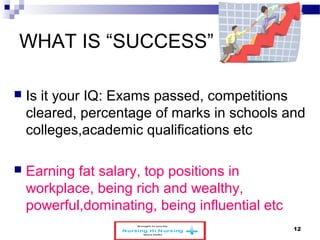 WHAT IS “SUCCESS” 
 Is it your IQ: Exams passed, competitions 
cleared, percentage of marks in schools and 
colleges,academic qualifications etc 
 Earning fat salary, top positions in 
workplace, being rich and wealthy, 
powerful,dominating, being influential etc 
www.schoolofeducators.com 12 
 