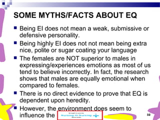 SOME MYTHS/FACTS ABOUT EQ 
 Being EI does not mean a weak, submissive or 
defensive personality. 
 Being highly EI does not not mean being extra 
nice, polite or sugar coating your language 
 The females are NOT superior to males in 
expressing/experiences emotions as most of us 
tend to believe incorrectly. In fact, the research 
shows that males are equally emotional when 
compared to females. 
 There is no direct evidence to prove that EQ is 
dependent upon heredity. 
 However, the environment does seem to 
influence the EQ. 
www.schoolofeducators.com 32 
 