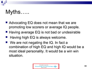 www.schoolofeducators.com 33 
Myths….. 
 Advocating EQ does not mean that we are 
promoting low scorers or average IQ people. 
 Having average EQ is not bad or undesirable 
 Having high EQ is always welcome. 
 We are not negating the IQ. In fact a 
combination of high EQ and high IQ would be a 
most ideal personality. It would be a win win 
situation. 
 