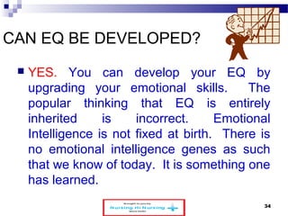 CAN EQ BE DEVELOPED? 
 YES. You can develop your EQ by 
upgrading your emotional skills. The 
popular thinking that EQ is entirely 
inherited is incorrect. Emotional 
Intelligence is not fixed at birth. There is 
no emotional intelligence genes as such 
that we know of today. It is something one 
has learned. 
www.schoolofeducators.com 34 
 