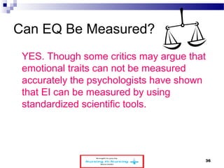 Can EQ Be Measured? 
YES. Though some critics may argue that 
emotional traits can not be measured 
accurately the psychologists have shown 
that EI can be measured by using 
standardized scientific tools. 
www.schoolofeducators.com 36 
 