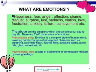 4 
WHAT ARE EMOTIONS ? 
Happiness, fear, anger, affection, shame, 
disgust, surprise, lust, sadness, elation, love, 
frustration, anxiety, failure, achievement etc. 
The above are the emotions which directly affect our day-to-day 
life. There are TWO dimensions of emotions: 
Physiological side: ‘Emotion’ is a complex state of human mind, 
involving bodily changes of widespread character such as 
breathing, pounding heart, flushed face, sweating palms, pulse 
rate, gland secretions, etc. 
Psychological side, a state of excitement or perturbation marked 
by strong feelings. 
www.schoolofeducators.com 
 