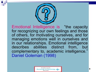 Emotional Intelligence is “the capacity 
for recognizing our own feelings and those 
of others, for motivating ourselves, and for 
managing emotions well in ourselves and 
in our relationships. Emotional intelligence 
describes abilities distinct from, but 
complementary to, academic intelligence.” 
Daniel Goleman (1998) 
www.schoolofeducators.com 8 
 