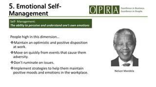 Excellence in Business.
Excellence in People.
5. Emotional Self-
Management
People high in this dimension…
Maintain an optimistic and positive disposition
at work.
Move on quickly from events that cause them
adversity.
Don’t ruminate on issues.
Implement strategies to help them maintain
positive moods and emotions in the workplace.
Self- Management:
The ability to perceive and understand one’s own emotions
Nelson Mandela
 