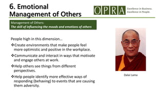 Excellence in Business.
Excellence in People.
6. Emotional
Management of Others
People high in this dimension…
Create environments that make people feel
more optimistic and positive in the workplace.
Communicate and interact in ways that motivate
and engage others at work.
Help others see things from different
perspectives.
Help people identify more effective ways of
responding (behaving) to events that are causing
them adversity.
Management of Others:
The skill of influencing the moods and emotions of others
Dalai Lama
 