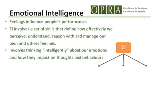 Excellence in Business.
Excellence in People.
Emotional Intelligence
• Feelings influence people’s performance.
• EI involves a set of skills that define how effectively we
perceive, understand, reason with and manage our
own and others feelings.
• Involves thinking “intelligently” about our emotions
and how they impact on thoughts and behaviours .
EI
 