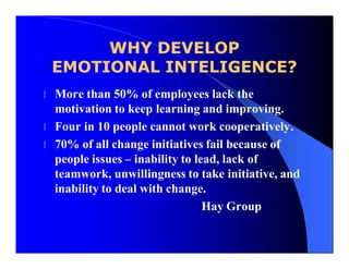 WHY DEVELOP
    EMOTIONAL INTELIGENCE?
l   More than 50% of employees lack the
    motivation to keep learning and improvi...