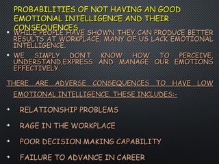 PROBABILITIES OF NOT HAVING AN GOODPROBABILITIES OF NOT HAVING AN GOOD
EMOTIONAL INTELLIGENCE AND THEIREMOTIONAL INTELLIGENCE AND THEIR
CONSEQUENCESCONSEQUENCES
• WHILE PEOPLE HAVE SHOWN THEY CAN PRODUCE BETTERWHILE PEOPLE HAVE SHOWN THEY CAN PRODUCE BETTER
RESULTS AT WORKPLACE, MANY OF US LACK EMOTIONALRESULTS AT WORKPLACE, MANY OF US LACK EMOTIONAL
INTELLIGENCE.INTELLIGENCE.
• WE SIMPLY DON’T KNOW HOW TO PERCEIVE,WE SIMPLY DON’T KNOW HOW TO PERCEIVE,
UNDERSTAND,EXPRESS AND MANAGE OUR EMOTIONSUNDERSTAND,EXPRESS AND MANAGE OUR EMOTIONS
EFFECTIVELY.EFFECTIVELY.
THERE ARE ADVERSE CONSEQUENCES TO HAVE LOWTHERE ARE ADVERSE CONSEQUENCES TO HAVE LOW
EMOTIONAL INTELLIGENCE. THESE INCLUDES:-EMOTIONAL INTELLIGENCE. THESE INCLUDES:-

RELATIONSHIP PROBLEMSRELATIONSHIP PROBLEMS

RAGE IN THE WORKPLACERAGE IN THE WORKPLACE

POOR DECISION MAKING CAPABILITYPOOR DECISION MAKING CAPABILITY

FAILURE TO ADVANCE IN CAREERFAILURE TO ADVANCE IN CAREER
 