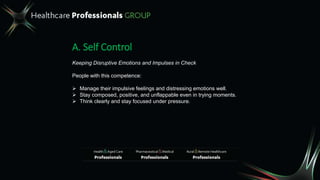A. Self Control
Keeping Disruptive Emotions and Impulses in Check
People with this competence:
 Manage their impulsive feelings and distressing emotions well.
 Stay composed, positive, and unflappable even in trying moments.
 Think clearly and stay focused under pressure.
 