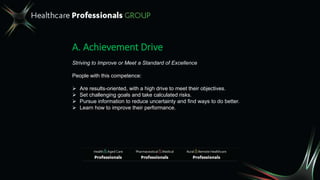 A. Achievement Drive
Striving to Improve or Meet a Standard of Excellence
People with this competence:
 Are results-oriented, with a high drive to meet their objectives.
 Set challenging goals and take calculated risks.
 Pursue information to reduce uncertainty and find ways to do better.
 Learn how to improve their performance.
 