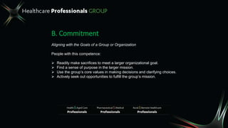 B. Commitment
Aligning with the Goals of a Group or Organization
People with this competence:
 Readily make sacrifices to meet a larger organizational goal.
 Find a sense of purpose in the larger mission.
 Use the group’s core values in making decisions and clarifying choices.
 Actively seek out opportunities to fulfill the group’s mission.
 