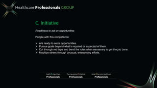 C. Initiative
Readiness to act on opportunities
People with this competence:
 Are ready to seize opportunities.
 Pursue goals beyond what’s required or expected of them.
 Cut through red tape and bend the rules when necessary to get the job done.
 Mobilize others through unusual, enterprising efforts.
 