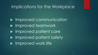 Implications for the Workplace
 Improved communication
 Improved teamwork
 Improved patient care
 Improved patient safety
 Improved work life
 