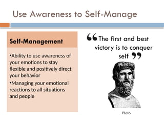 Use Awareness to Self-Manage
Self-Management
•Ability to use awareness of
your emotions to stay
flexible and positively direct
your behavior
•Managing your emotional
reactions to all situations
and people
The first and best
victory is to conquer
self
Plato
 