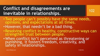 Conflict and disagreements are
inevitable in relationships.
•Two people can’t possibly have the same needs,
opinions, and expectations at all times.
•However, that needn’t be a bad thing.
•Resolving conflict in healthy, constructive ways can
strengthen trust between people.
•When conflict isn’t perceived as threatening or
punishing, it fosters freedom, creativity, and
safety in relationships.
7/28/2016www.LTSemaj.com
102
 