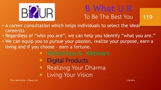 7/28/2016This is What We Do - LTSemaj.com
119
B What U R
To Be The Best You
• A career consultation which helps individuals to select the ideal
career(s).
• Regardless of “who you are”, we can help you identify “what you are.”
• We can equip you to pursue your passion, realize your purpose, earn a
living and if you choose – earn a fortune.
 Workshops & Webinars
 Digital Products
 Realizing Your Dharma
 Living Your Vision
 