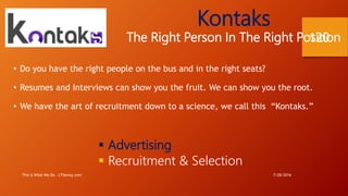 7/28/2016This is What We Do - LTSemaj.com
120
Kontaks
The Right Person In The Right Position
• Do you have the right people on the bus and in the right seats?
• Resumes and Interviews can show you the fruit. We can show you the root.
• We have the art of recruitment down to a science, we call this “Kontaks.”
 Advertising
 Recruitment & Selection
 