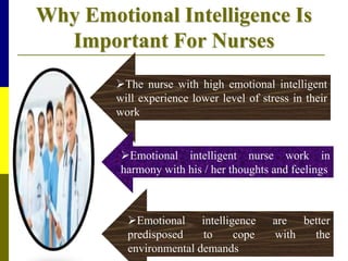 Why Emotional Intelligence Is
Important For Nurses
The nurse with high emotional intelligent
will experience lower level of stress in their
work
Emotional intelligent nurse work in
harmony with his / her thoughts and feelings
Emotional intelligence are better
predisposed to cope with the
environmental demands
 
