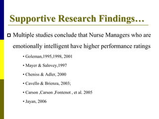 Supportive Research Findings…
 Multiple studies conclude that Nurse Managers who are
emotionally intelligent have higher performance ratings
• Goleman,1995,1998, 2001
• Mayer & Salovey,1997
• Cheniss & Adler, 2000
• Cavello & Brienza, 2003;
• Carson ,Carson ,Fontenot , et al. 2005
• Jayan, 2006
 