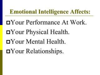 Emotional Intelligence Affects:
Your Performance At Work.
Your Physical Health.
Your Mental Health.
Your Relationships.
 