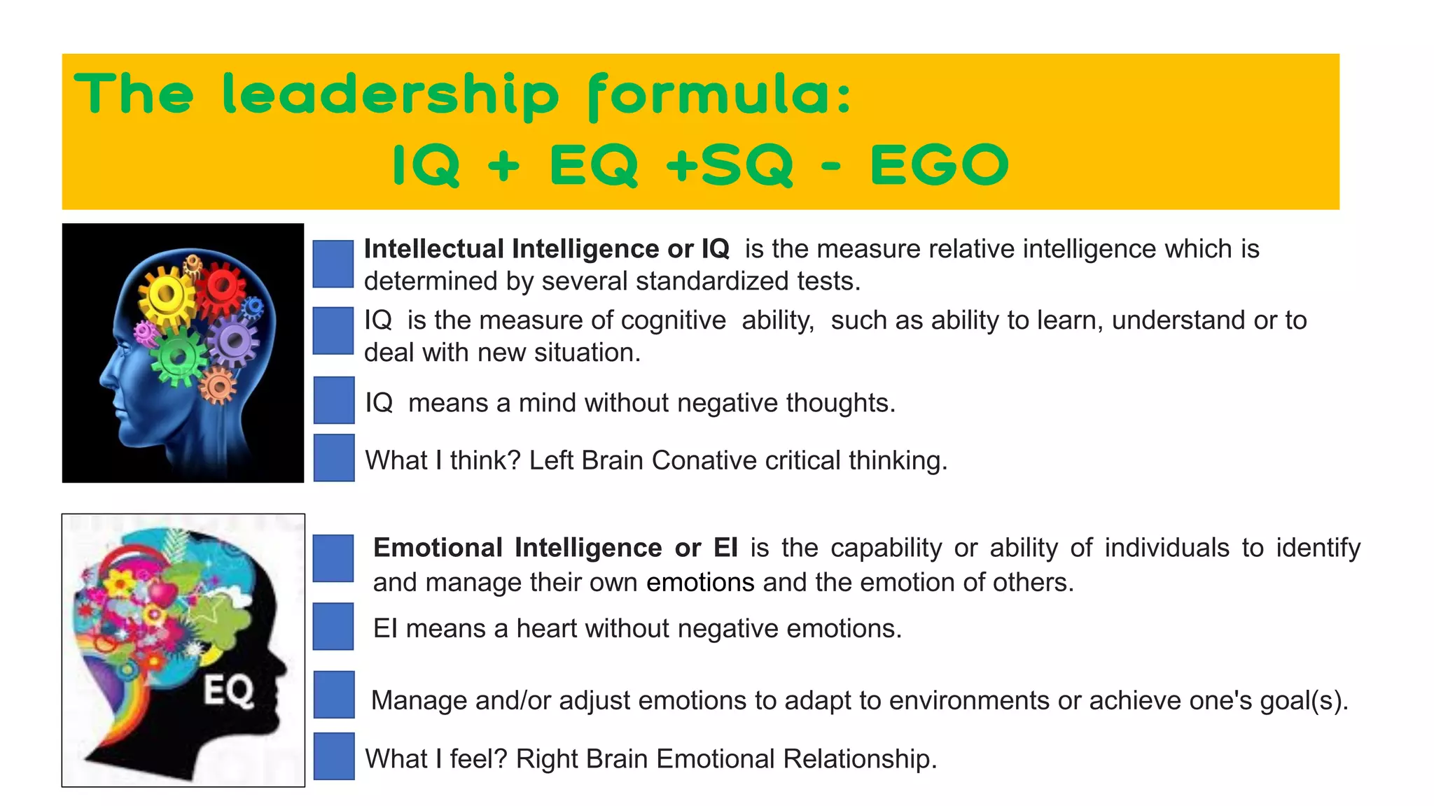 The leadership formula:
IQ + EQ +SQ - EGO
Intellectual Intelligence or IQ is the measure relative intelligence which is
determined by several standardized tests.
IQ is the measure of cognitive ability, such as ability to learn, understand or to
deal with new situation.
Emotional Intelligence or EI is the capability or ability of individuals to identify
and manage their own emotions and the emotion of others.
EI means a heart without negative emotions.
Manage and/or adjust emotions to adapt to environments or achieve one's goal(s).
IQ means a mind without negative thoughts.
What I think? Left Brain Conative critical thinking.
What I feel? Right Brain Emotional Relationship.
 