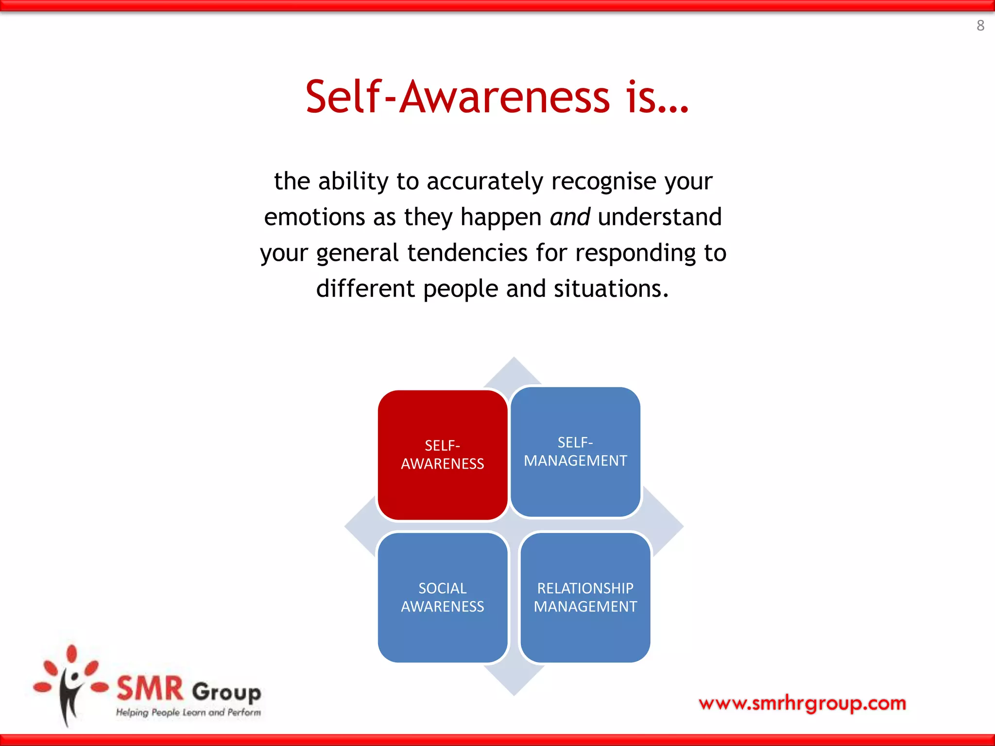 www.smrhrgroup.com
Self-Awareness is…
8
the ability to accurately recognise your
emotions as they happen and understand
your general tendencies for responding to
different people and situations.
SELF-
AWARENESS
SELF-
MANAGEMENT
SOCIAL
AWARENESS
RELATIONSHIP
MANAGEMENT
 