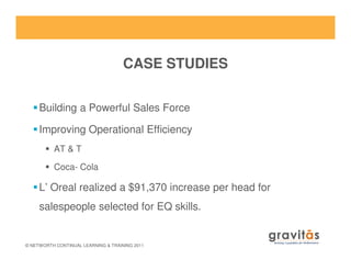 Building a Powerful Sales Force
Improving Operational Efficiency
CASE STUDIES
© NETWORTH CONTINUAL LEARNING & TRAINING 2011
AT & T
Coca- Cola
L’ Oreal realized a $91,370 increase per head for
salespeople selected for EQ skills.
 